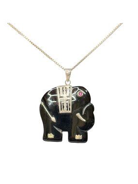 Sterling Silver Elephant Pendant Necklace Black Onyx Box Chain 24" Made In Italy